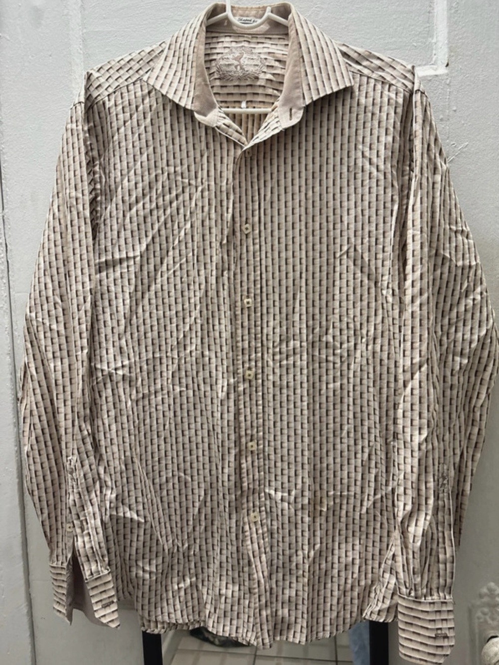 Bugatchi Men's Beige Patterned Long-Sleeve Shirt size L